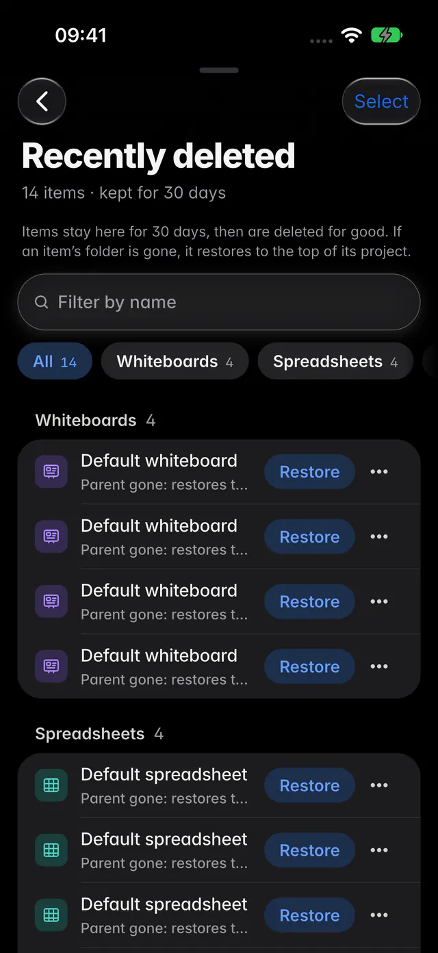 Recently deleted, grouped by type, with Restore beside each item (an iPhone)