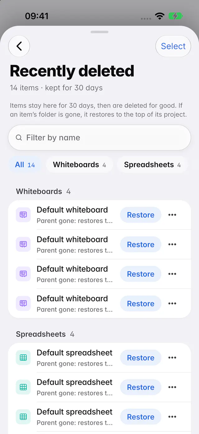 Recently deleted, grouped by type, with Restore beside each item (an iPhone)