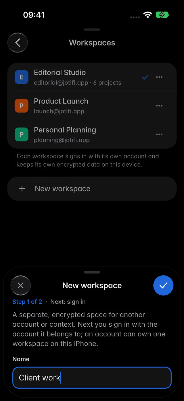 Step 1 of creating a workspace, with its name (an iPhone)
