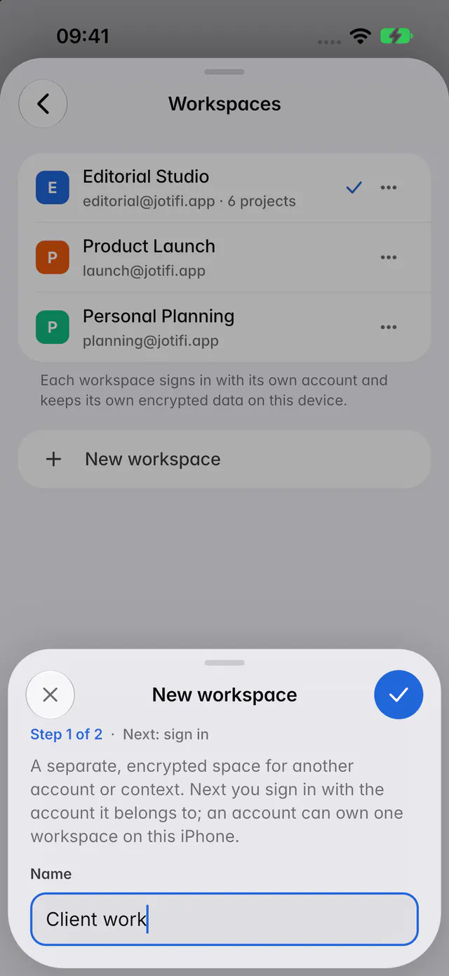 Step 1 of creating a workspace, with its name (an iPhone)