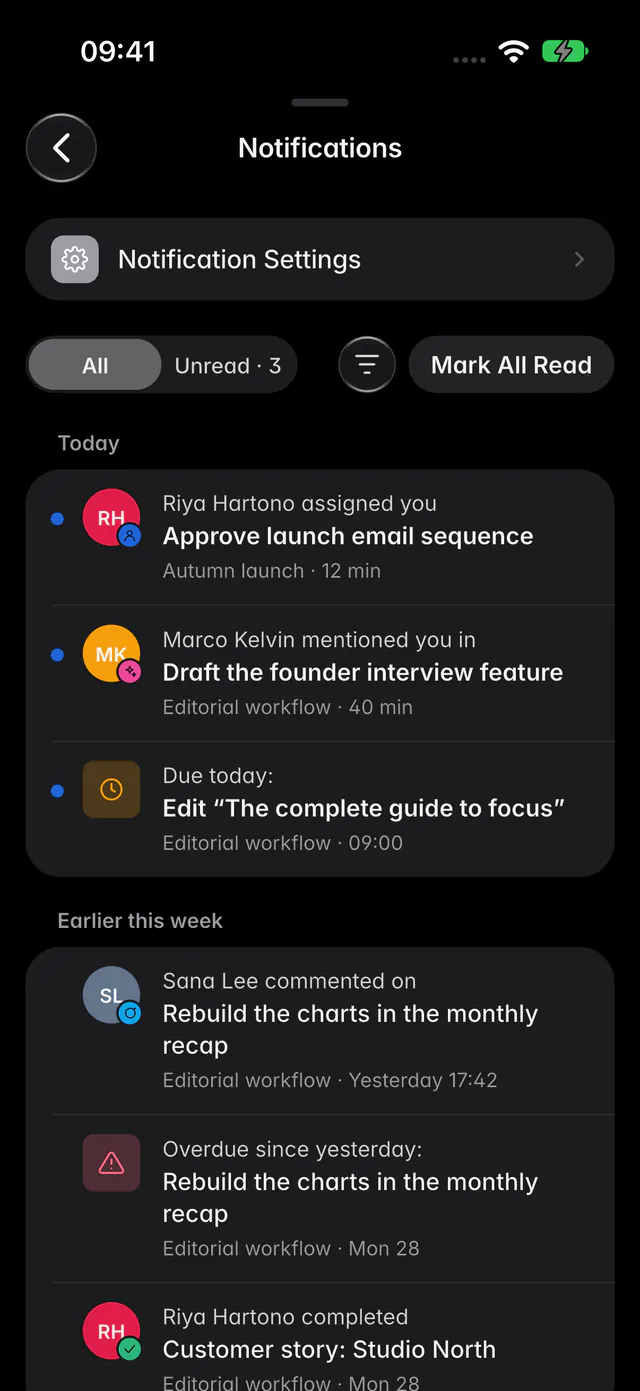 The notification history with assignments, mentions and reminders, grouped by day (an iPhone)
