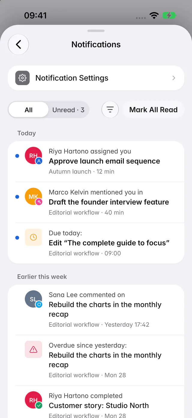 The notification history with assignments, mentions and reminders, grouped by day (an iPhone)