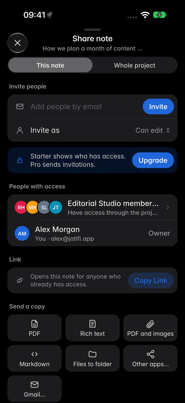 The Share pane with Invite people, the Invite as role, the people with access and pending invitations (an iPhone)