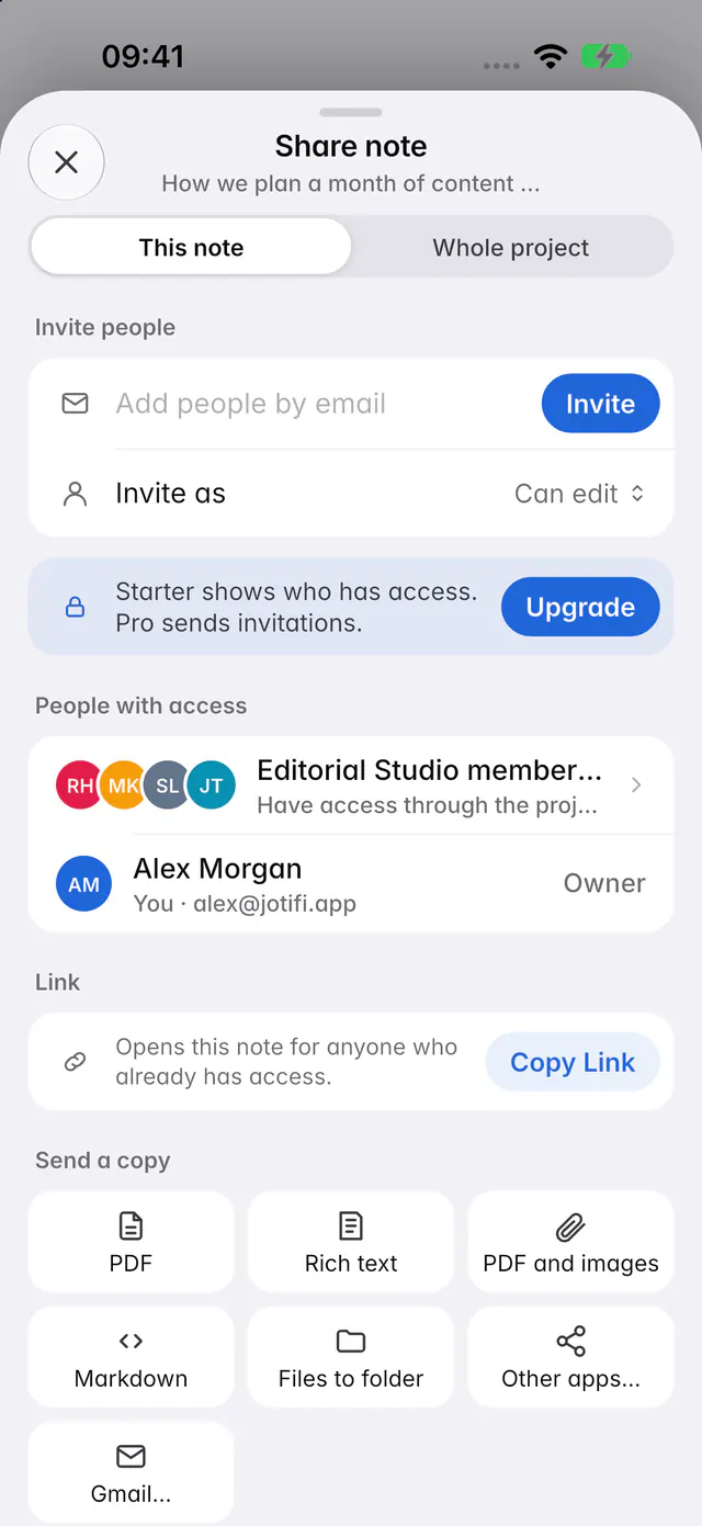 The Share pane with Invite people, the Invite as role, the people with access and pending invitations (an iPhone)