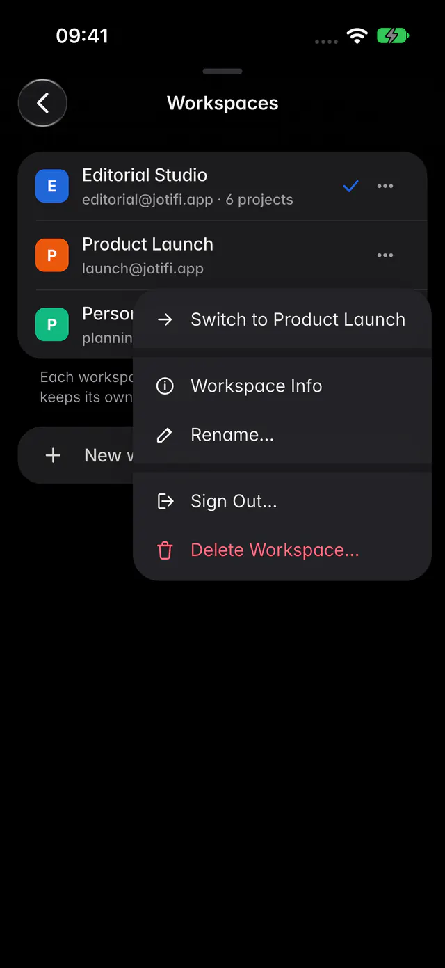 The list of workspaces on this device, each with its account (an iPhone)
