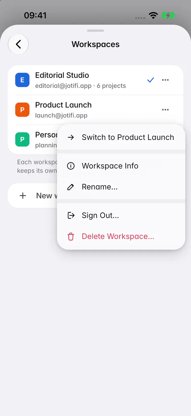 The list of workspaces on this device, each with its account (an iPhone)
