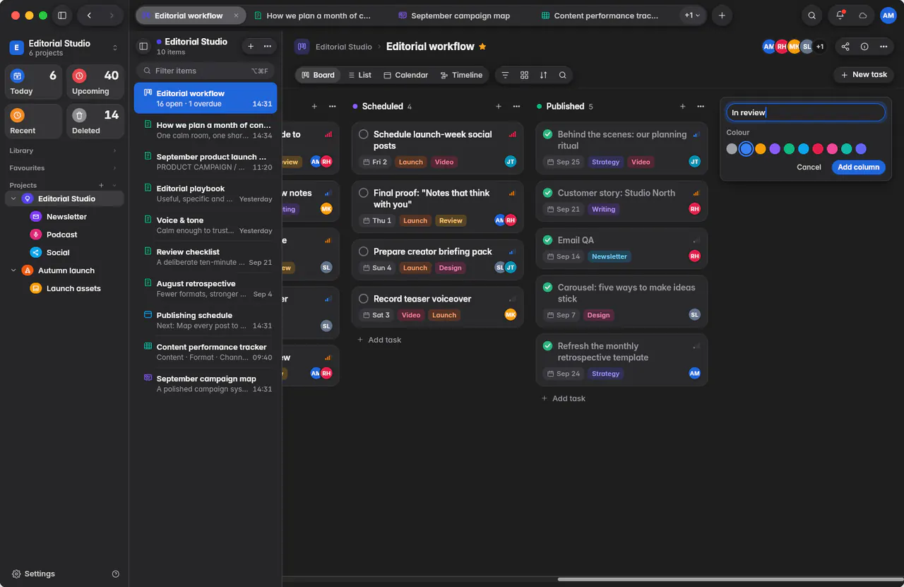 Adding a column named In review, with a choice of colours (a Mac)