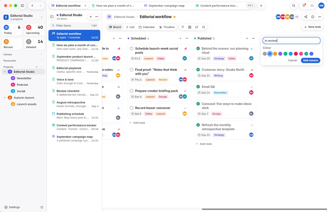 Adding a column named In review, with a choice of colours (a Mac)
