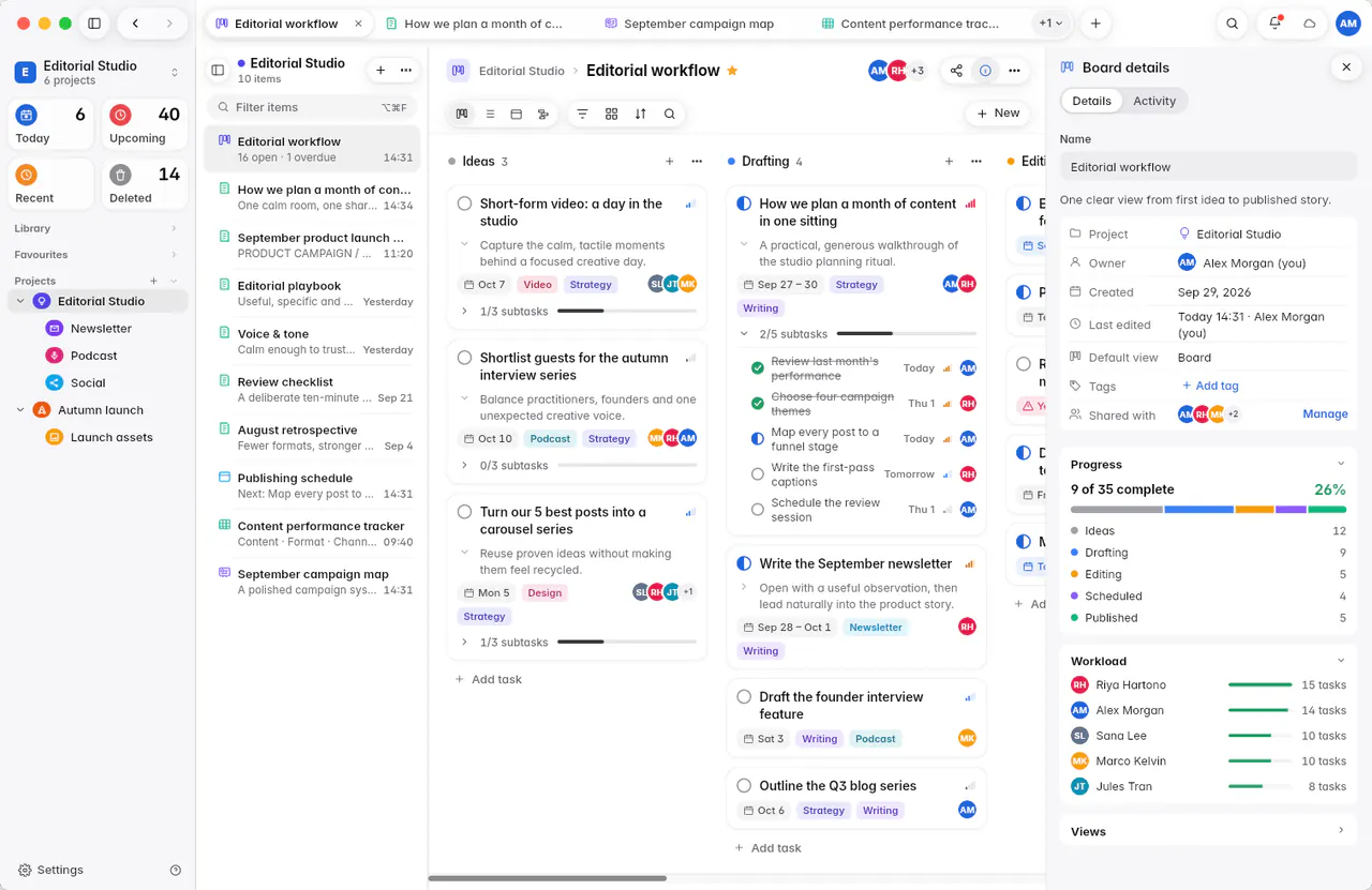 Board details with progress by column and each person's workload (a Mac)