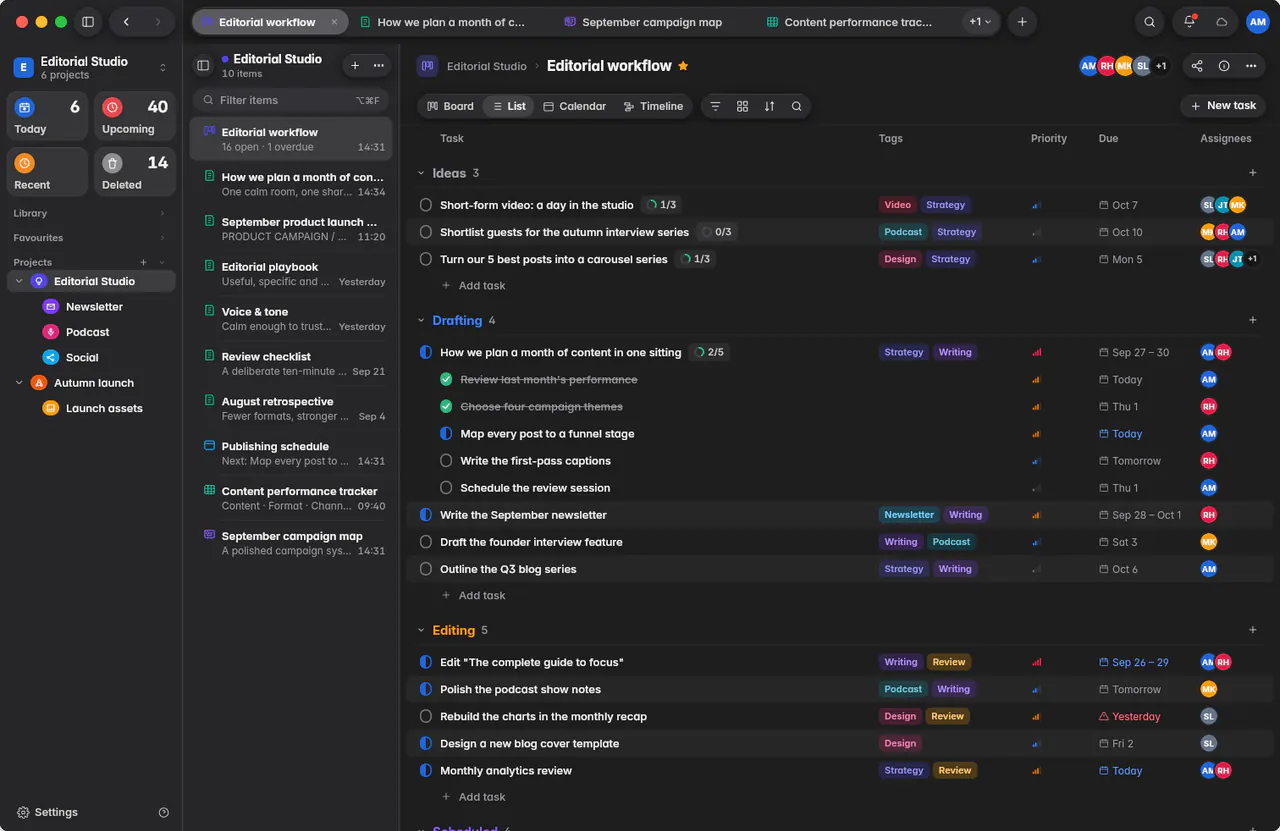 The board as a list, grouped by column, with tags, priority, due dates and people (a Mac)