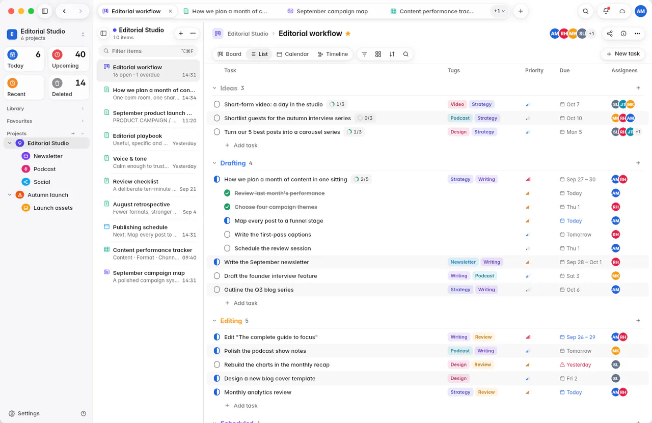 The board as a list, grouped by column, with tags, priority, due dates and people (a Mac)
