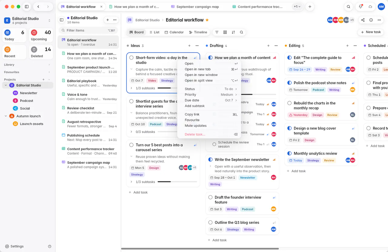 A card's menu with Open, Status, Priority, Due date, Add subtask and Delete task (a Mac)