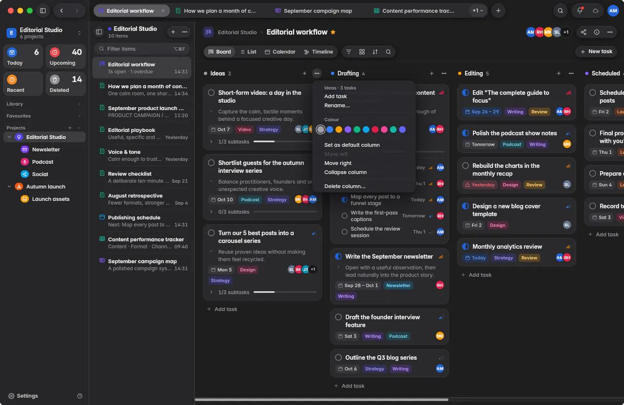 A column's menu with Add task, Rename, Colour, Move left, Move right, Collapse and Delete (a Mac)