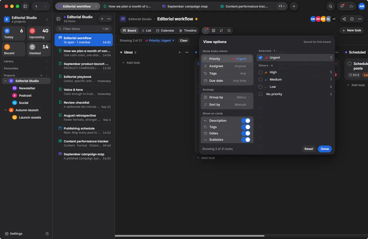 The board's view options for filtering, grouping, sorting and the fields shown on cards (a Mac)