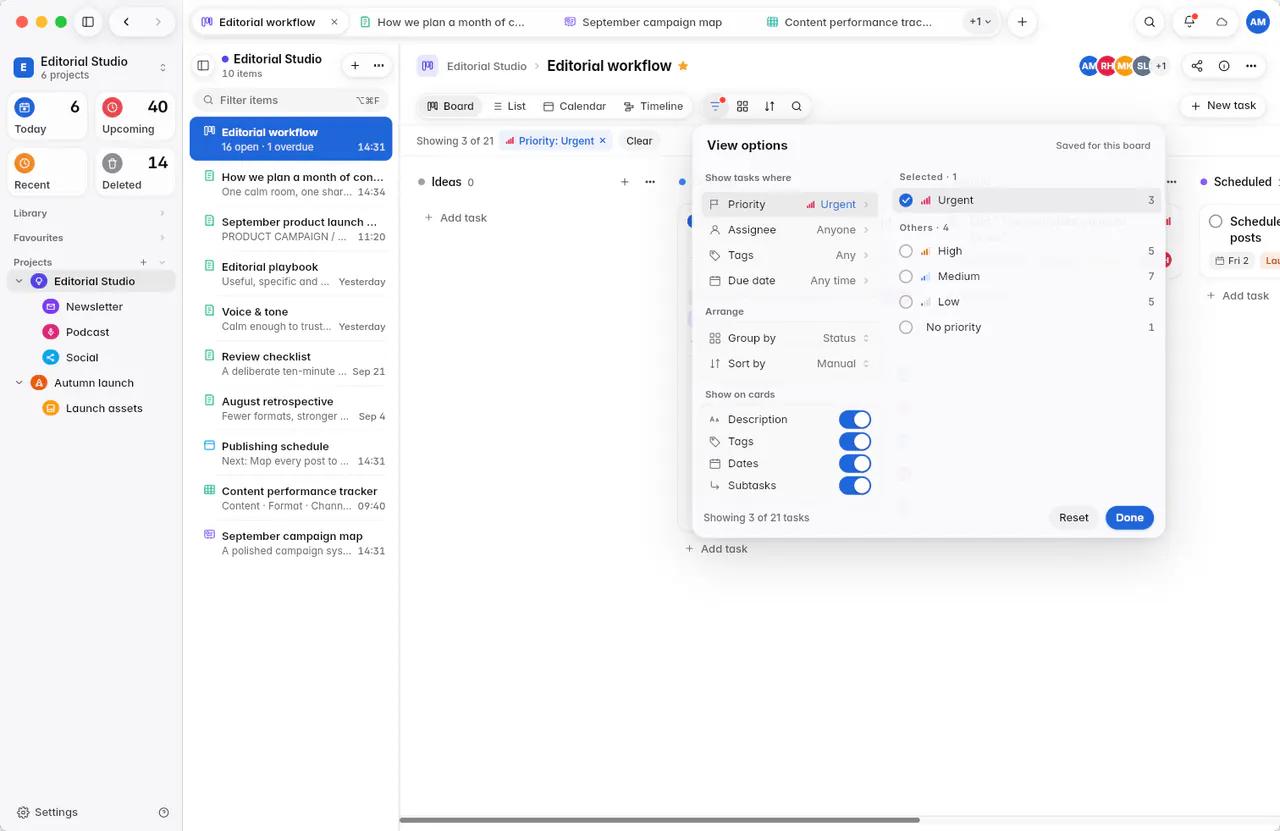 The board's view options for filtering, grouping, sorting and the fields shown on cards (a Mac)