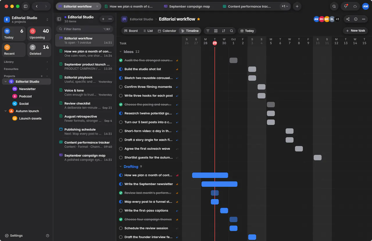 The board as a timeline, with each task as a bar across the dates (a Mac)