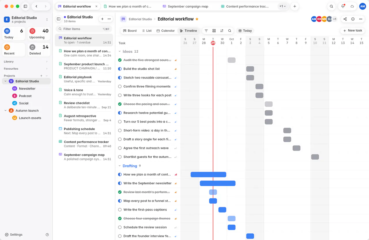 The board as a timeline, with each task as a bar across the dates (a Mac)