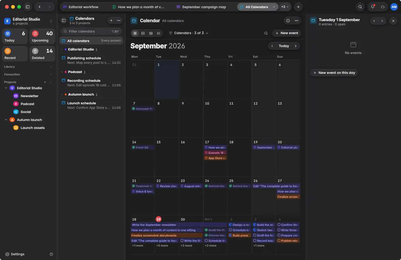 The entries of one day, with their status, dates and calendar (a Mac)
