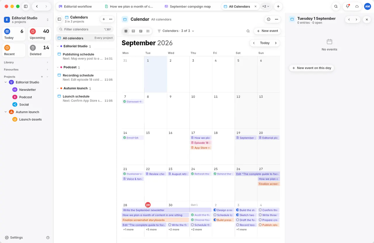 The entries of one day, with their status, dates and calendar (a Mac)