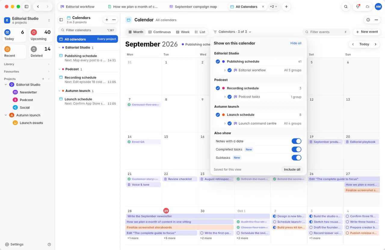 The Show on this calendar panel with calendars, boards and the Also show switches (a Mac)