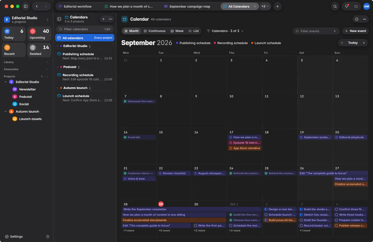 A calendar month with tasks on their days and multi-day tasks as bars (a Mac)