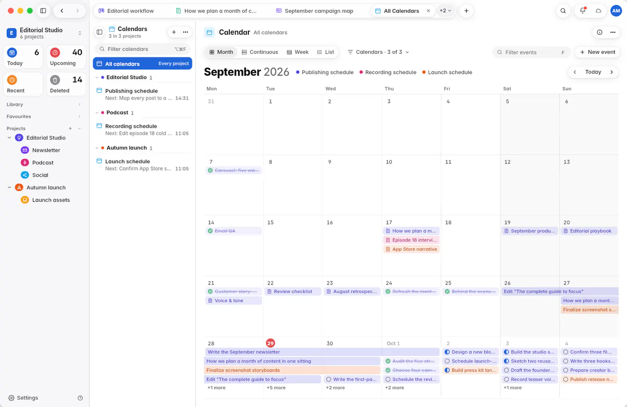 A calendar month with tasks on their days and multi-day tasks as bars (a Mac)