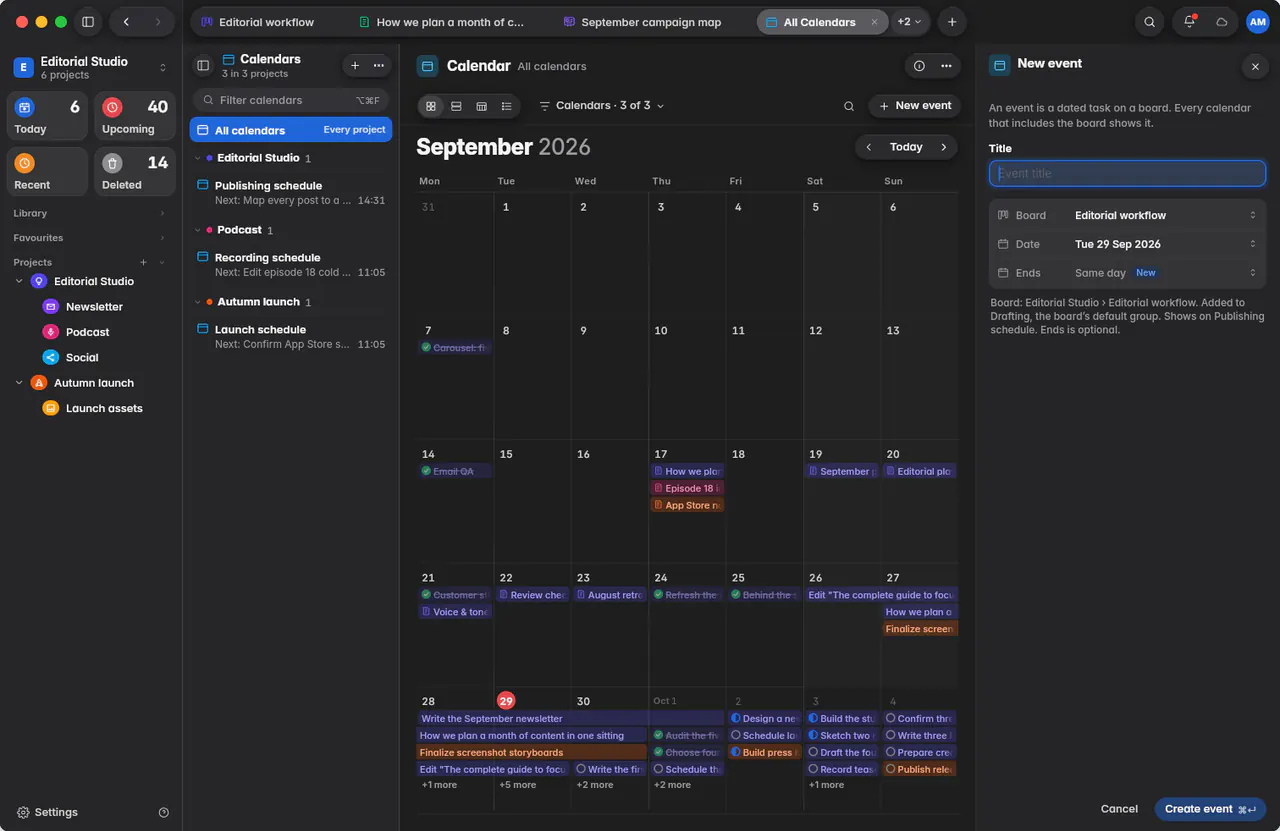The New event form with a title, a board, a date and an optional end date (a Mac)