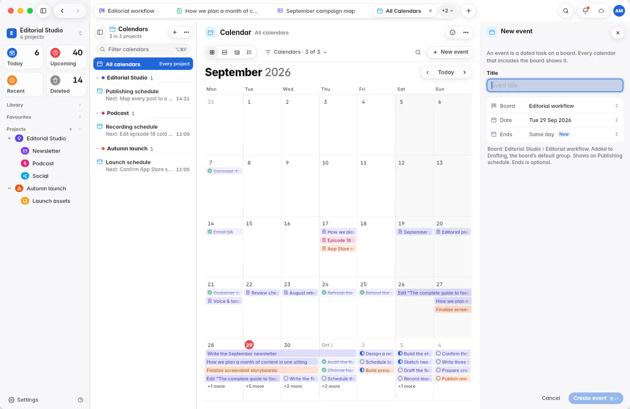 The New event form with a title, a board, a date and an optional end date (a Mac)