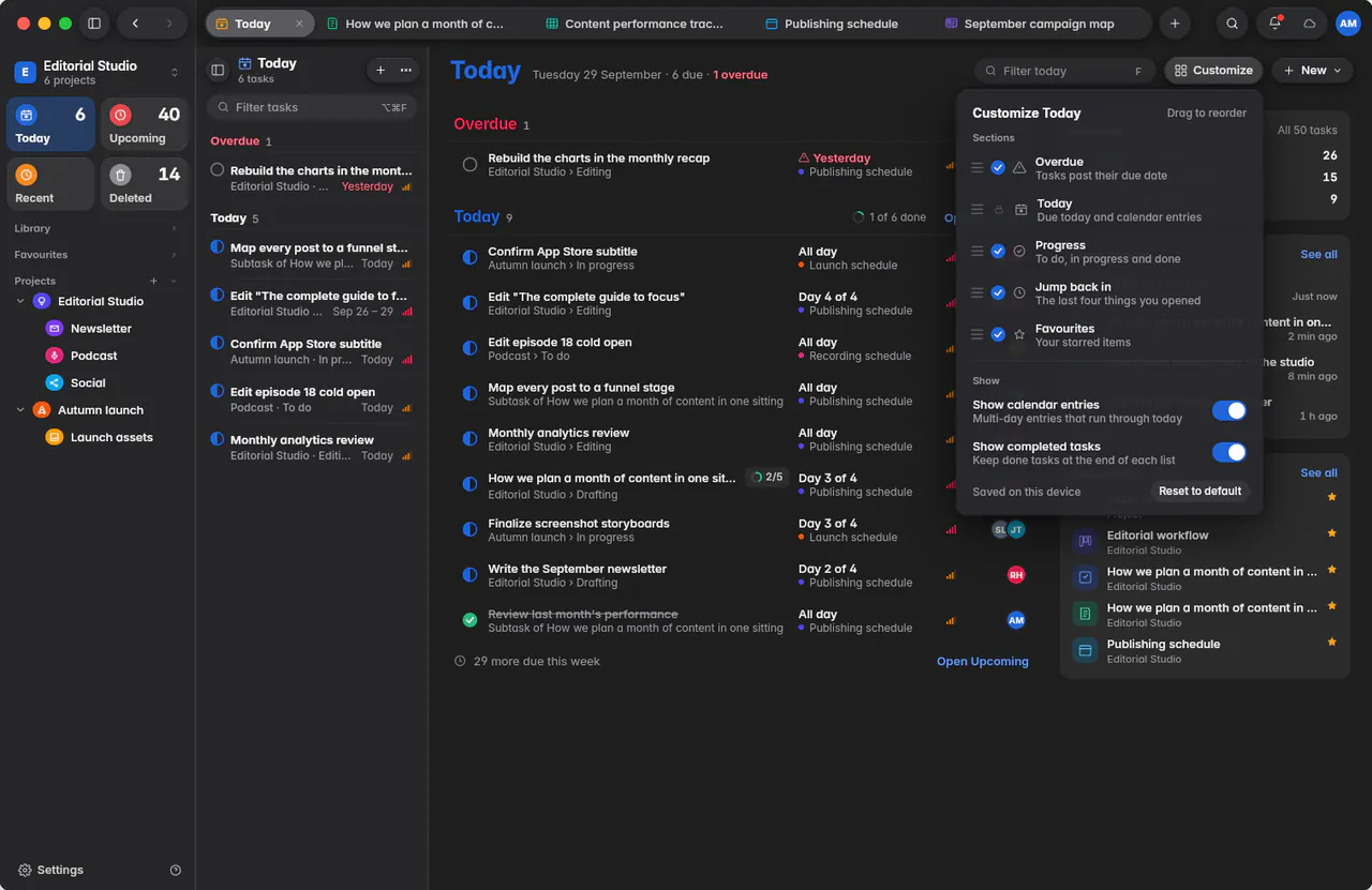 The Customize Today panel with switches for each section and for calendar entries and completed tasks (a Mac)