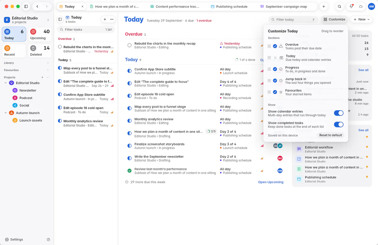 The Customize Today panel with switches for each section and for calendar entries and completed tasks (a Mac)
