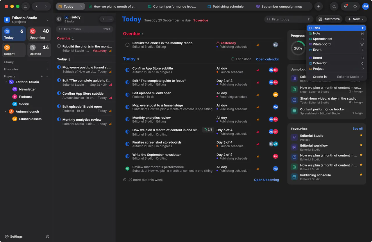 The New menu with Task, Note, Spreadsheet, Whiteboard, Event, Board, Calendar and Project (a Mac)