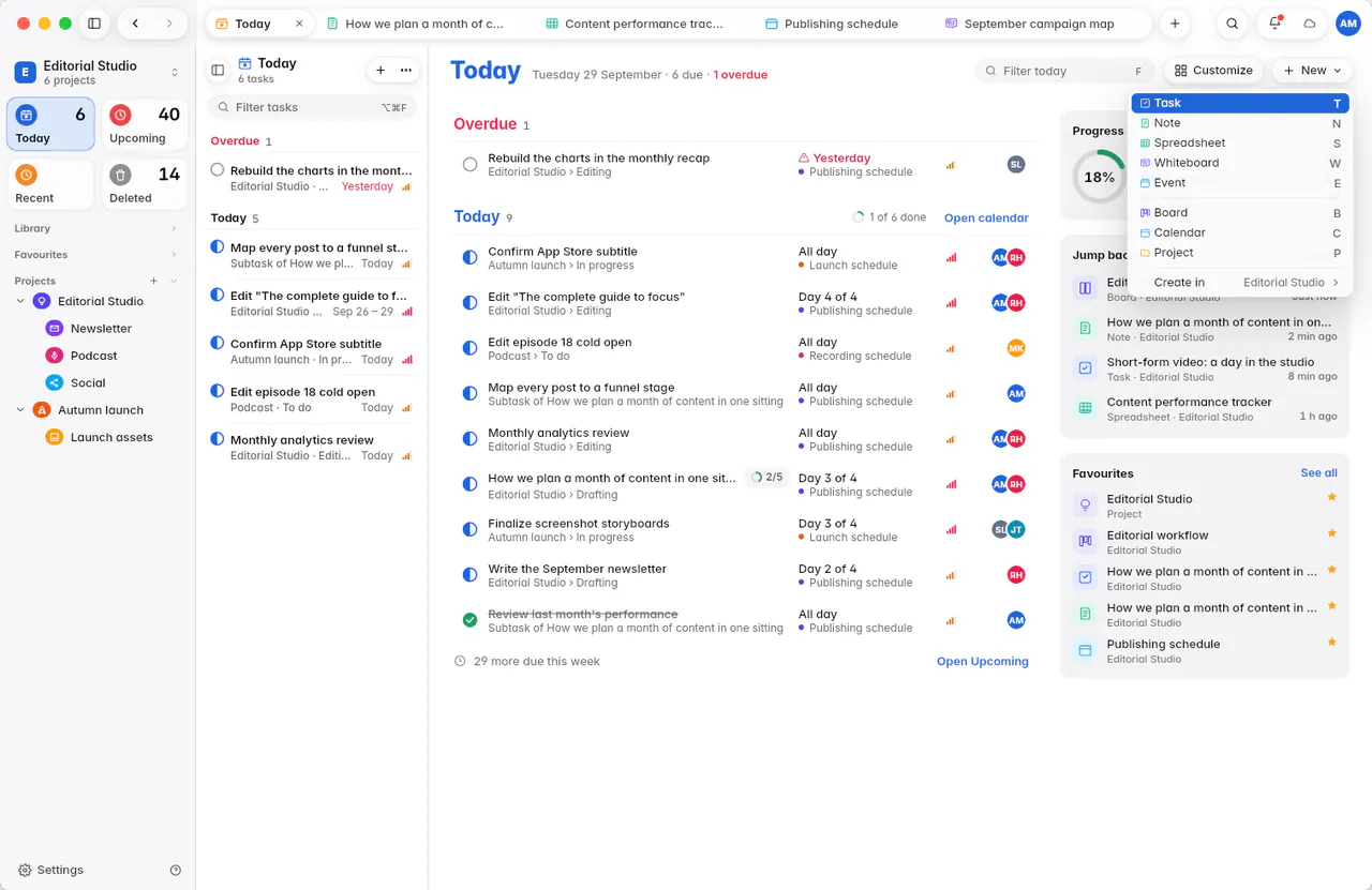 The New menu with Task, Note, Spreadsheet, Whiteboard, Event, Board, Calendar and Project (a Mac)