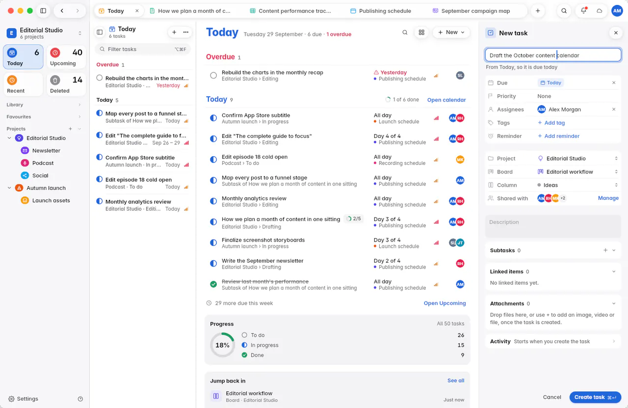 The New task form with the name, its due date, priority and people, and where it goes (a Mac)
