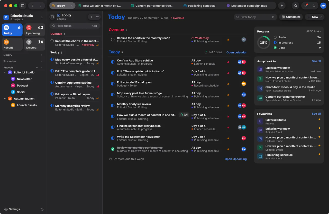 Today with one overdue task, the tasks due today and the day's progress (a Mac)