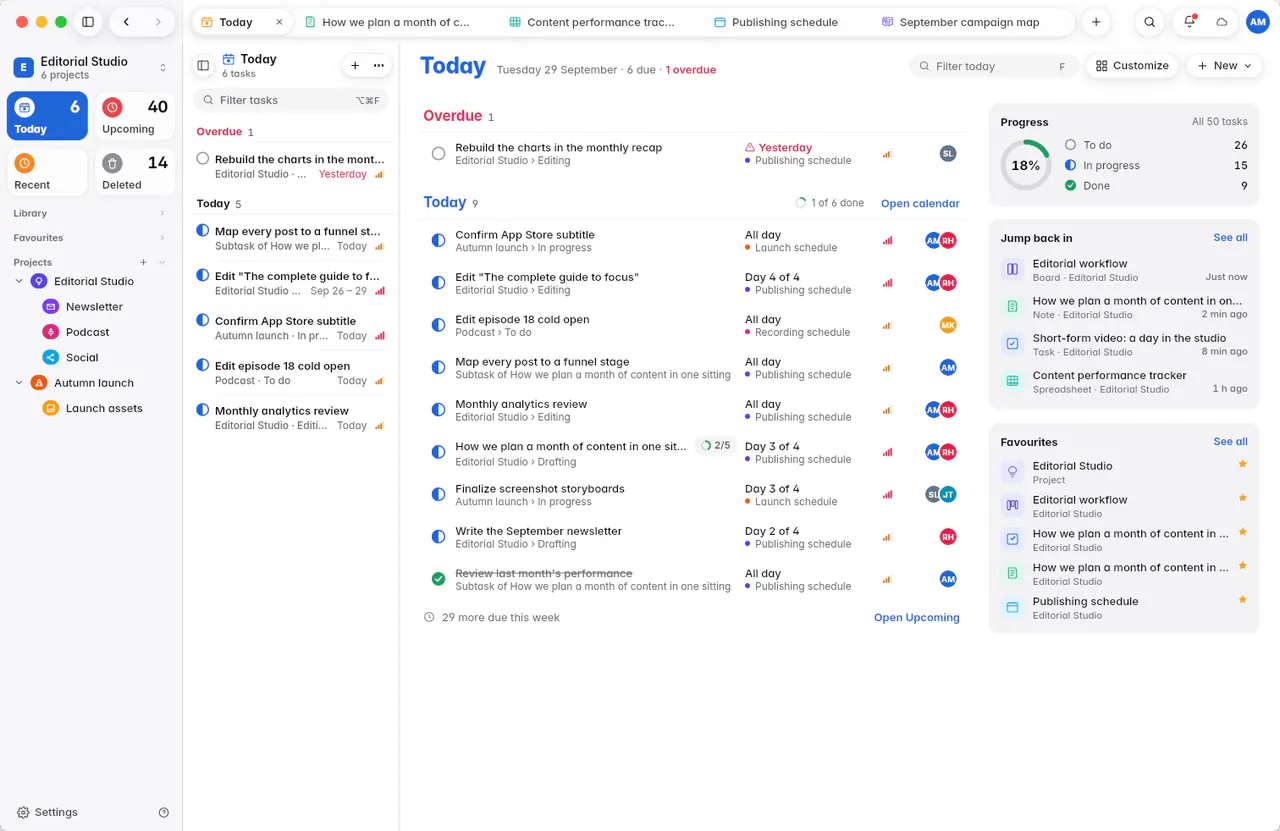 Today with one overdue task, the tasks due today and the day's progress (a Mac)