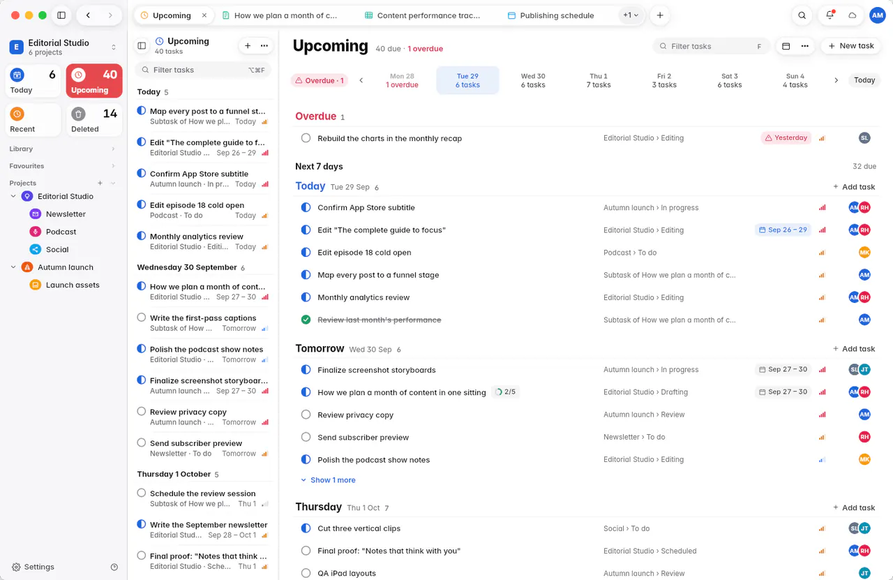 Upcoming with the week strip, an overdue task and the tasks for the next days (a Mac)