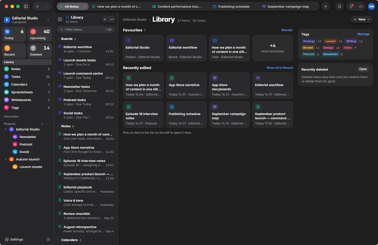 The Library with tiles for each kind of item, favourites and recently edited items (a Mac)