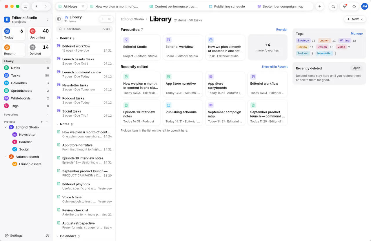 The Library with tiles for each kind of item, favourites and recently edited items (a Mac)