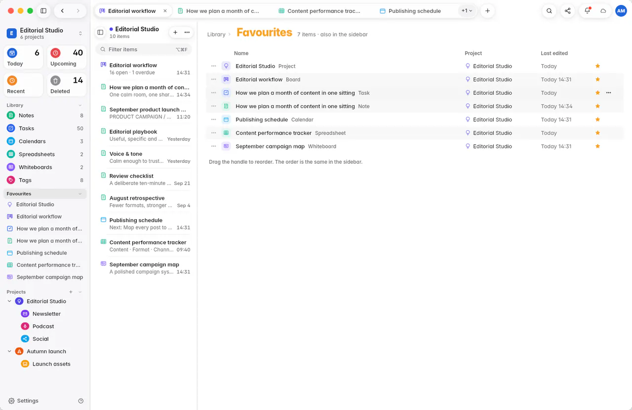The Favourites list with a project, a board, a task, a note, a calendar, a spreadsheet and a whiteboard (a Mac)