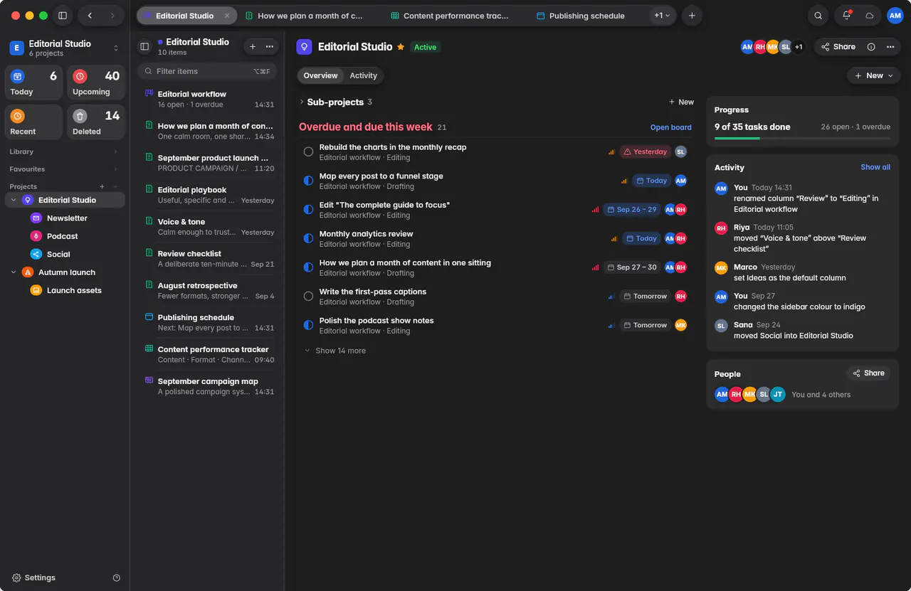 A project page with its progress, its folded Sub-projects section and the tasks due this week (a Mac)