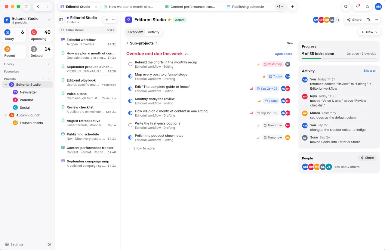 A project page with its progress, its folded Sub-projects section and the tasks due this week (a Mac)
