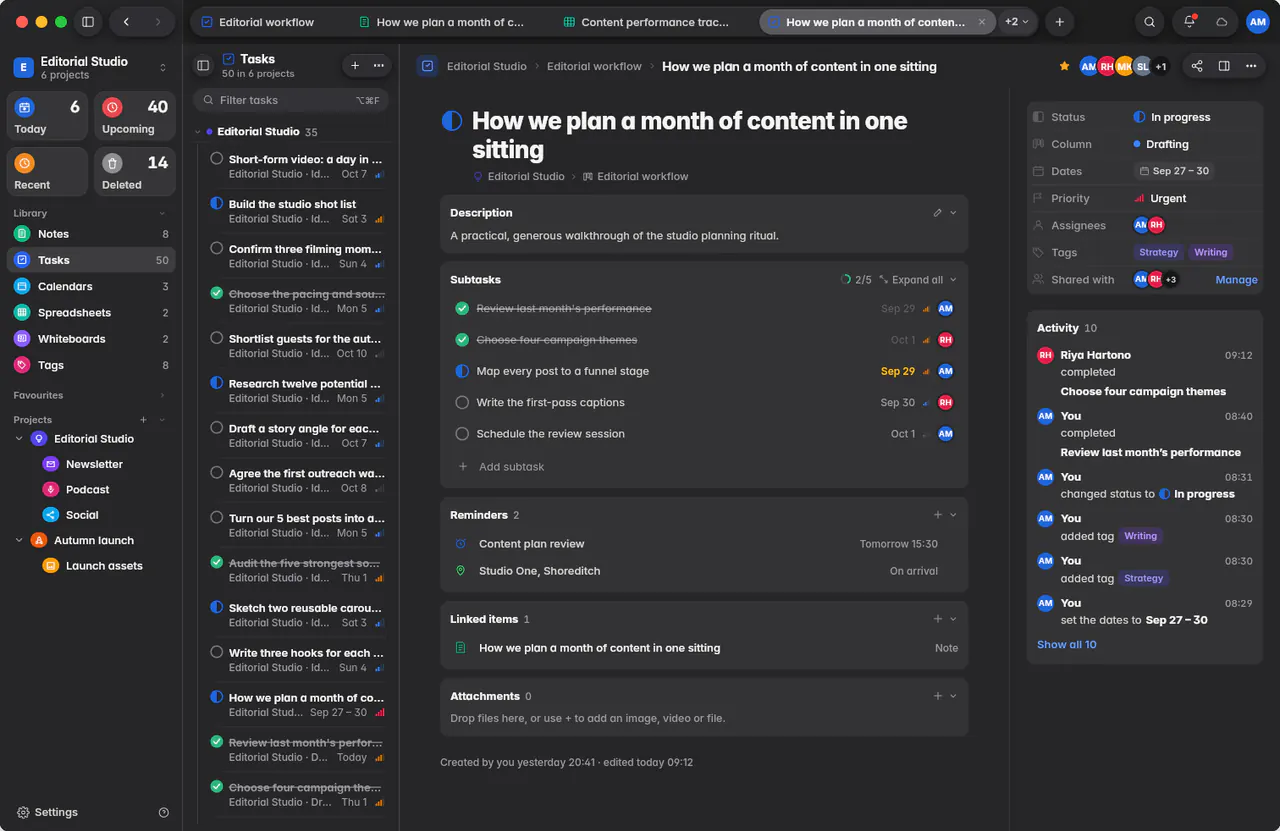 All tasks grouped by project, with their dates, tags and people (a Mac)