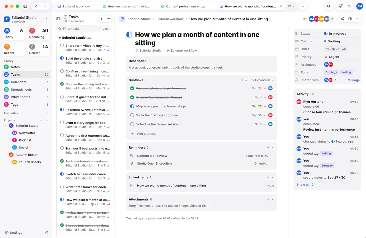 All tasks grouped by project, with their dates, tags and people (a Mac)