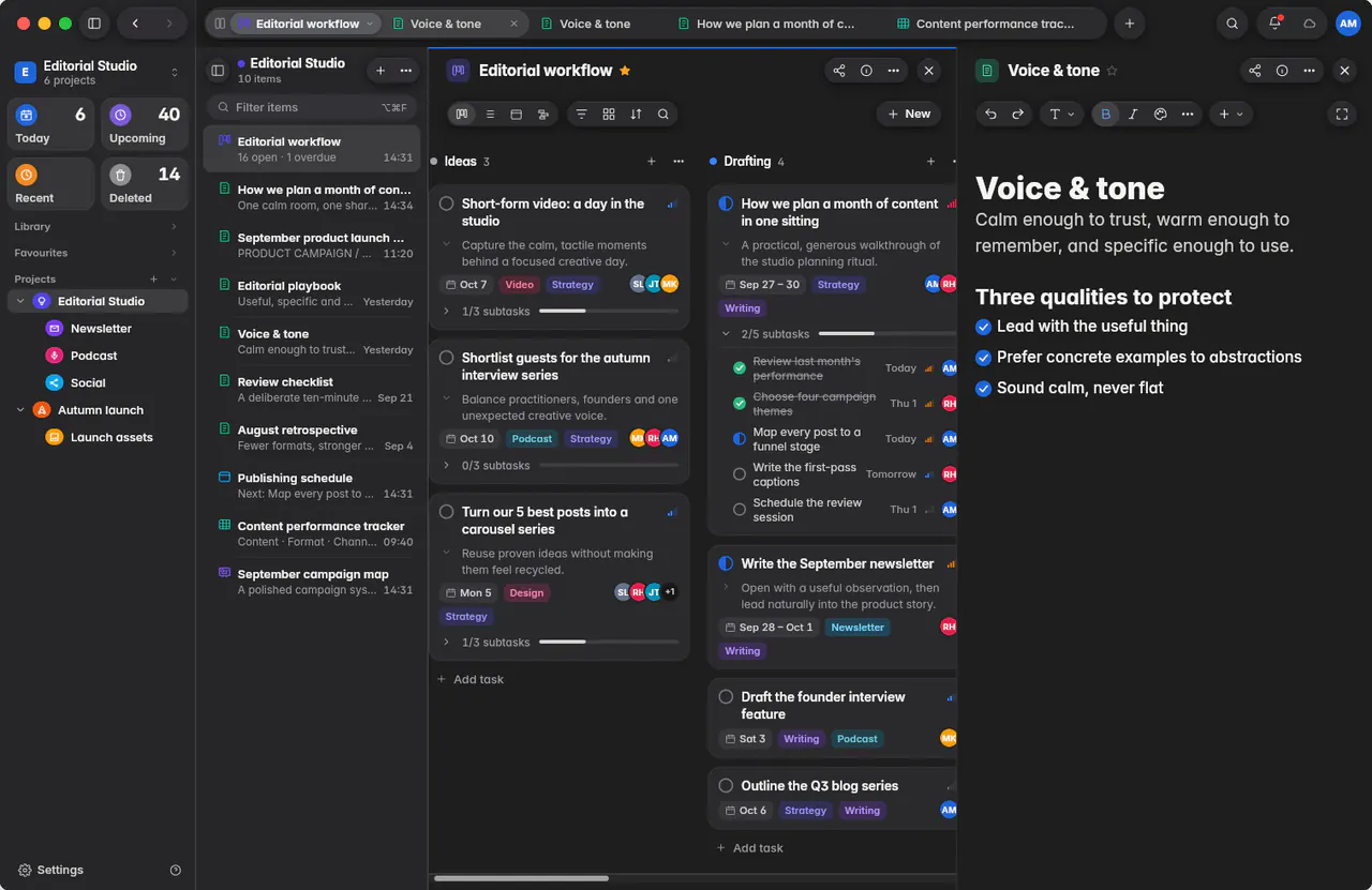A board and a note side by side in split view, each pane with its own header (a Mac)