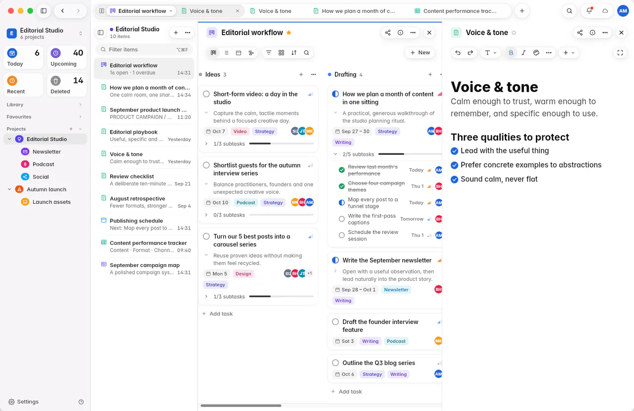 A board and a note side by side in split view, each pane with its own header (a Mac)