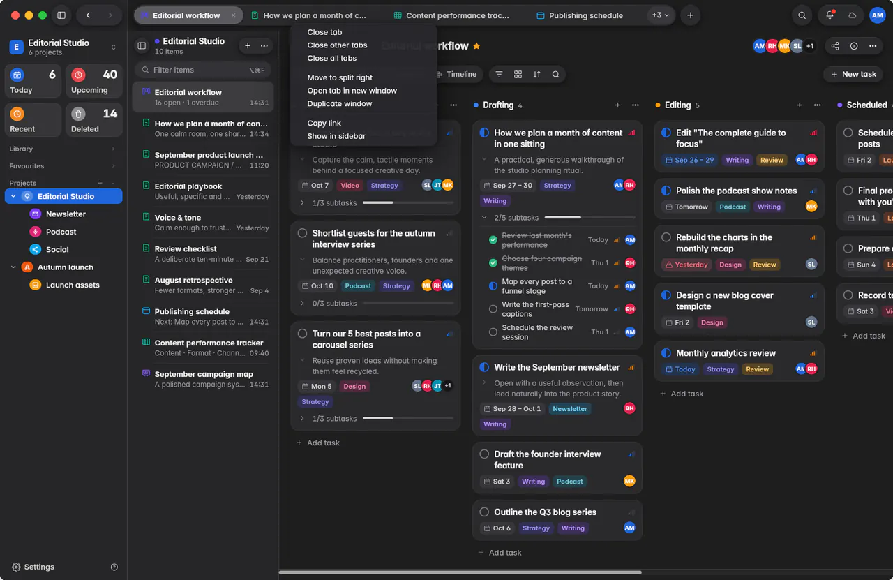 A tab's menu with Close tab, Close other tabs, Close all tabs, Move to split right, Copy link and Show in sidebar (a Mac)
