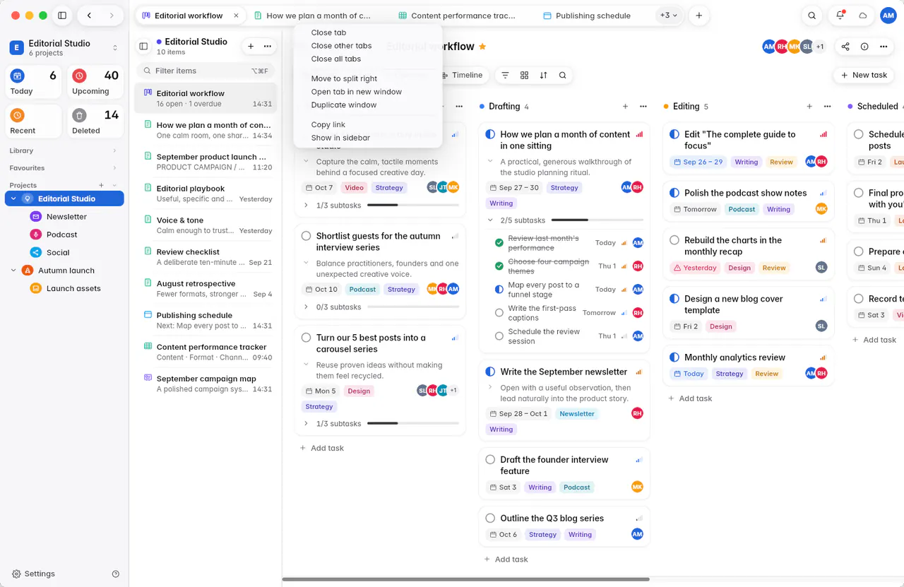 A tab's menu with Close tab, Close other tabs, Close all tabs, Move to split right, Copy link and Show in sidebar (a Mac)