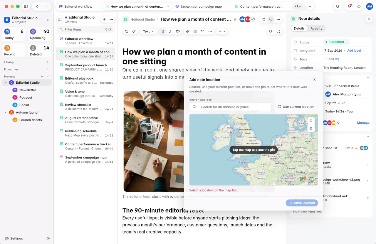 The note location editor with an address search, a map with a pin and Save location (a Mac)