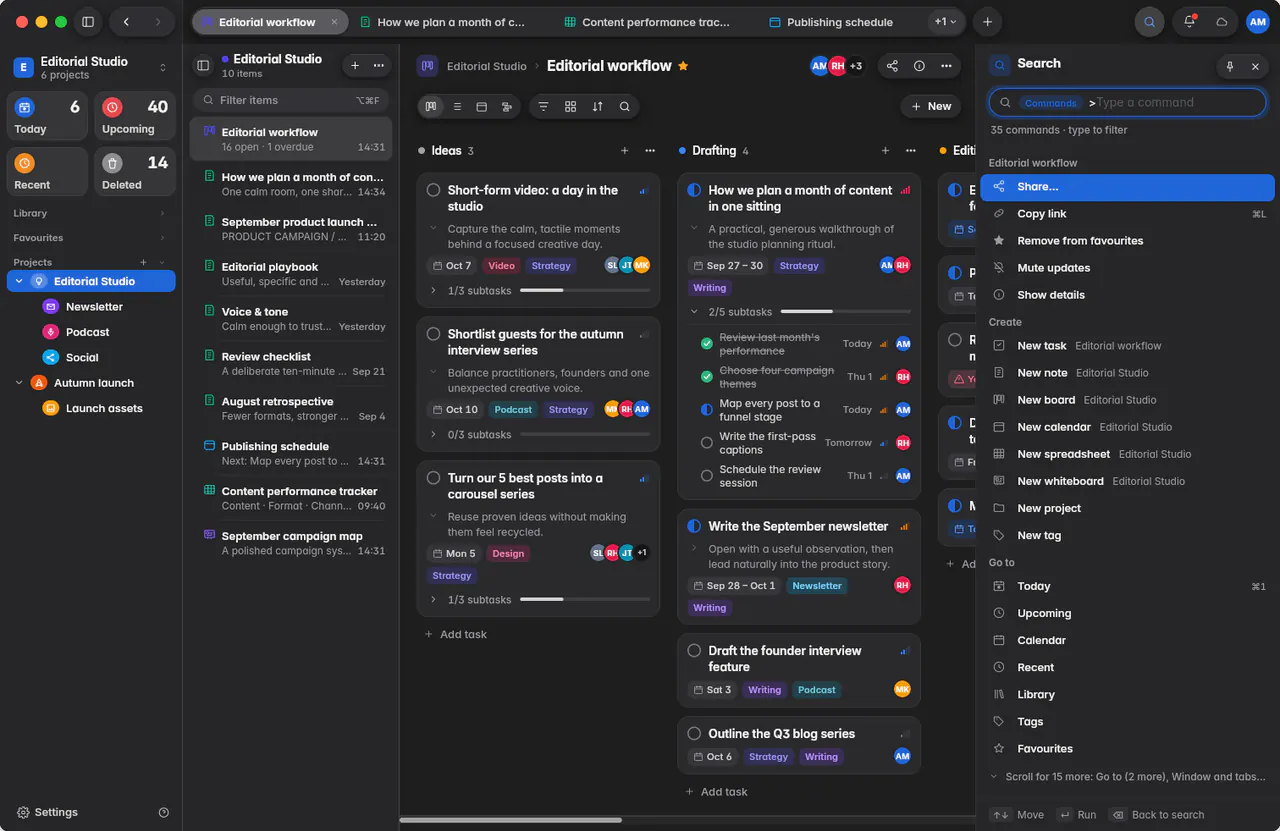Search showing commands, grouped into the open item, create, go to and window (a Mac)
