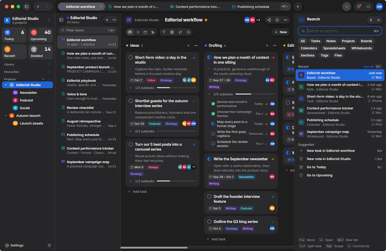 Search before typing, with recent items and suggested actions (a Mac)